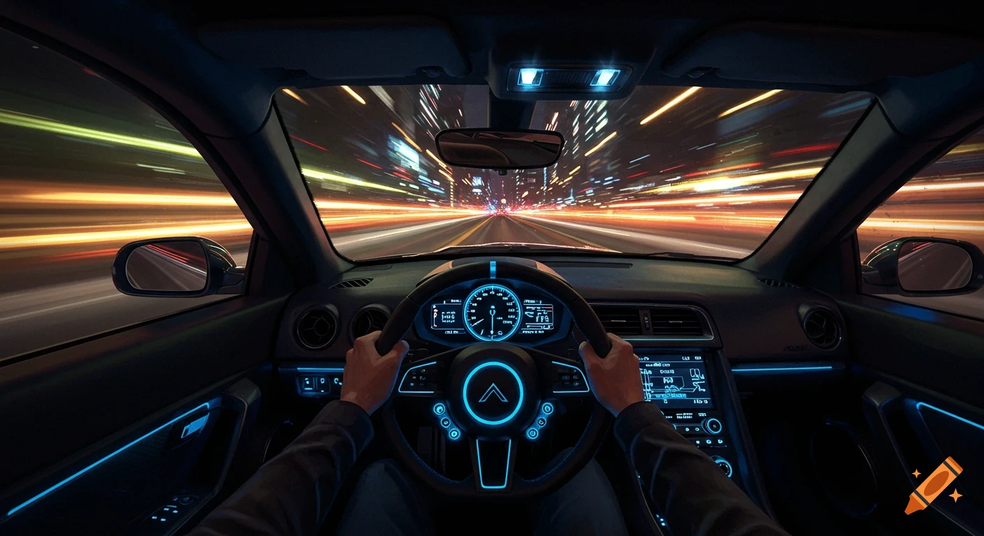 First-person view from inside a car driving at high speed at night, with neon blue interior lighting and motion-blurred city lights.