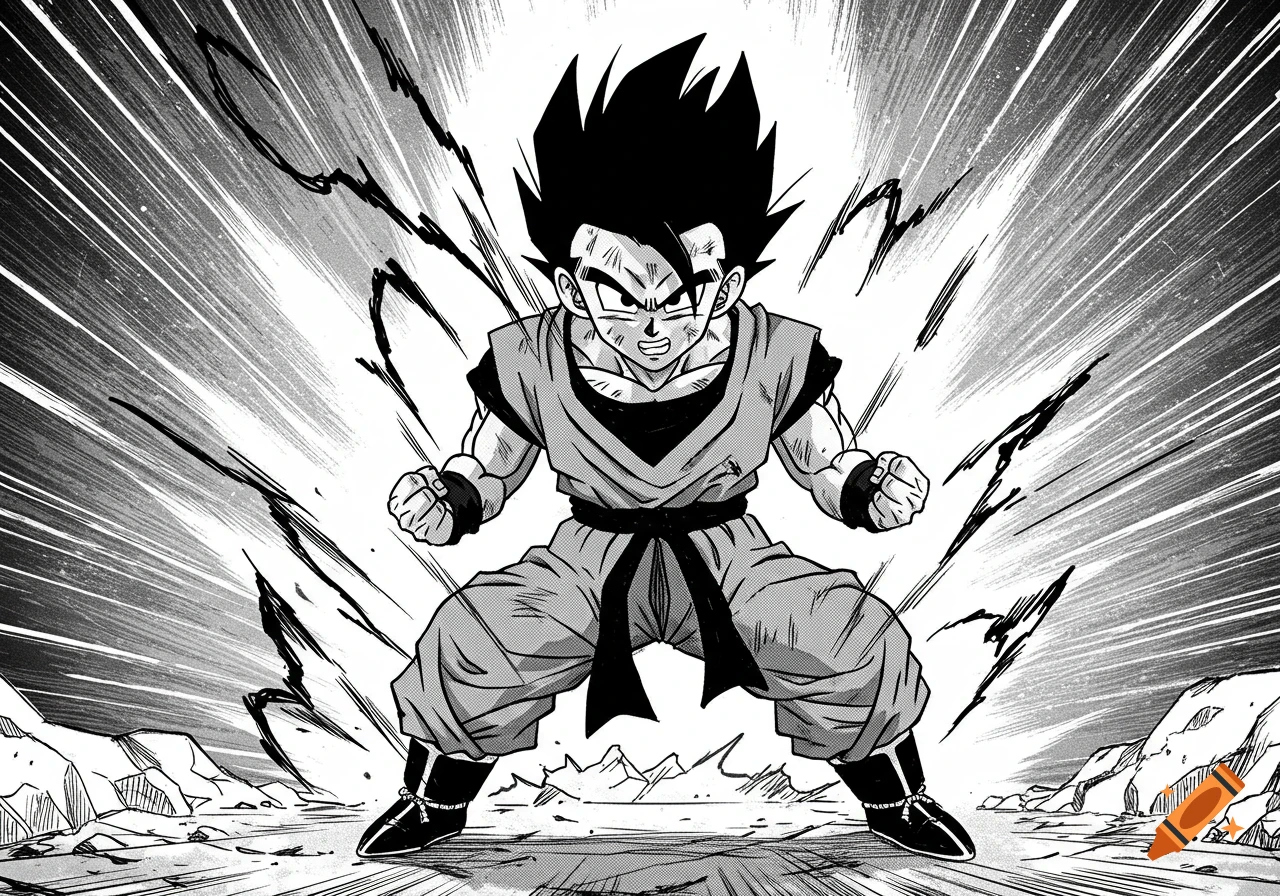 Black and white manga art of Gohan in a powerful stance with energy radiating around him.