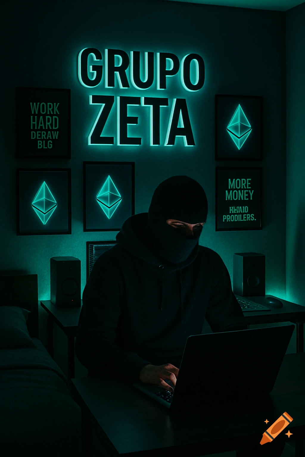 A person in a balaclava works on a laptop in a dark room with a neon 'GRUPO ZETA' sign and cryptocurrency posters.