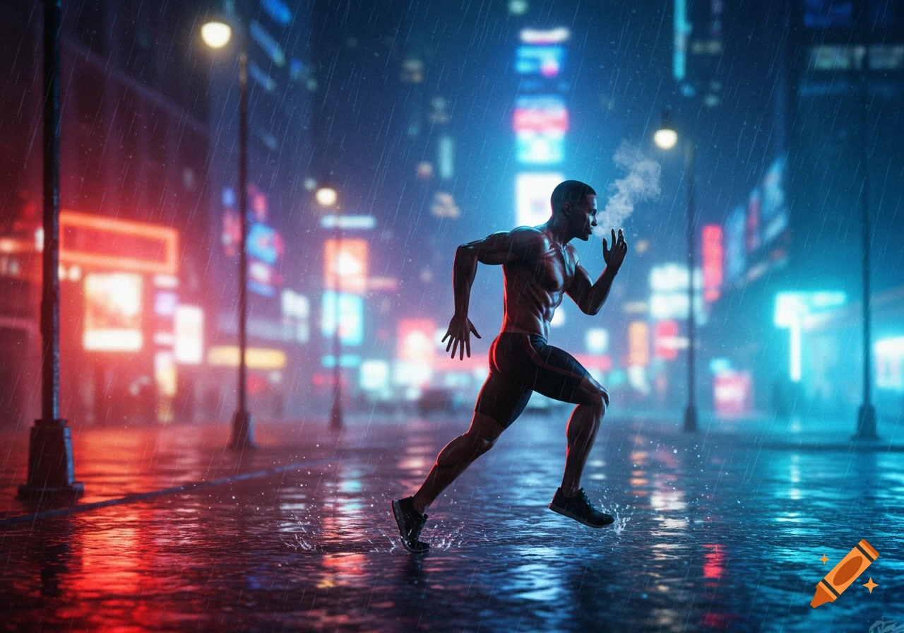 A muscular man runs shirtless through a rainy neon city street at night, steam escaping his mouth.