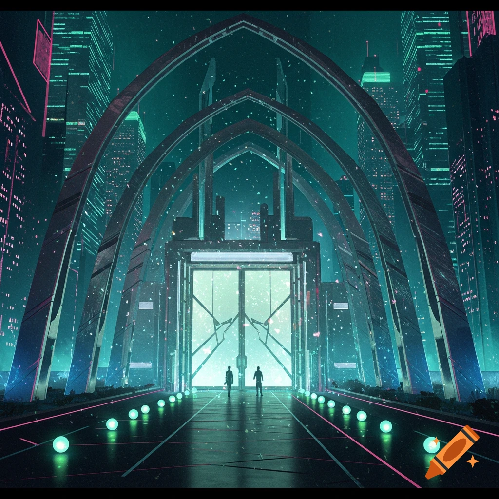 Two silhouetted figures walk towards a luminous arched entrance in a vibrant, neon-lit futuristic city with glowing floor orbs.