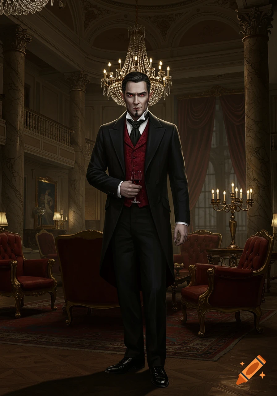 Photorealistic art of a male vampire in a black suit and red vest, holding a glass in an opulent hotel lobby.