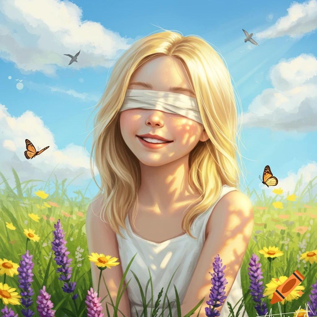 Illustration of a blindfolded blonde girl smiling in a sunny flower field with butterflies and birds.