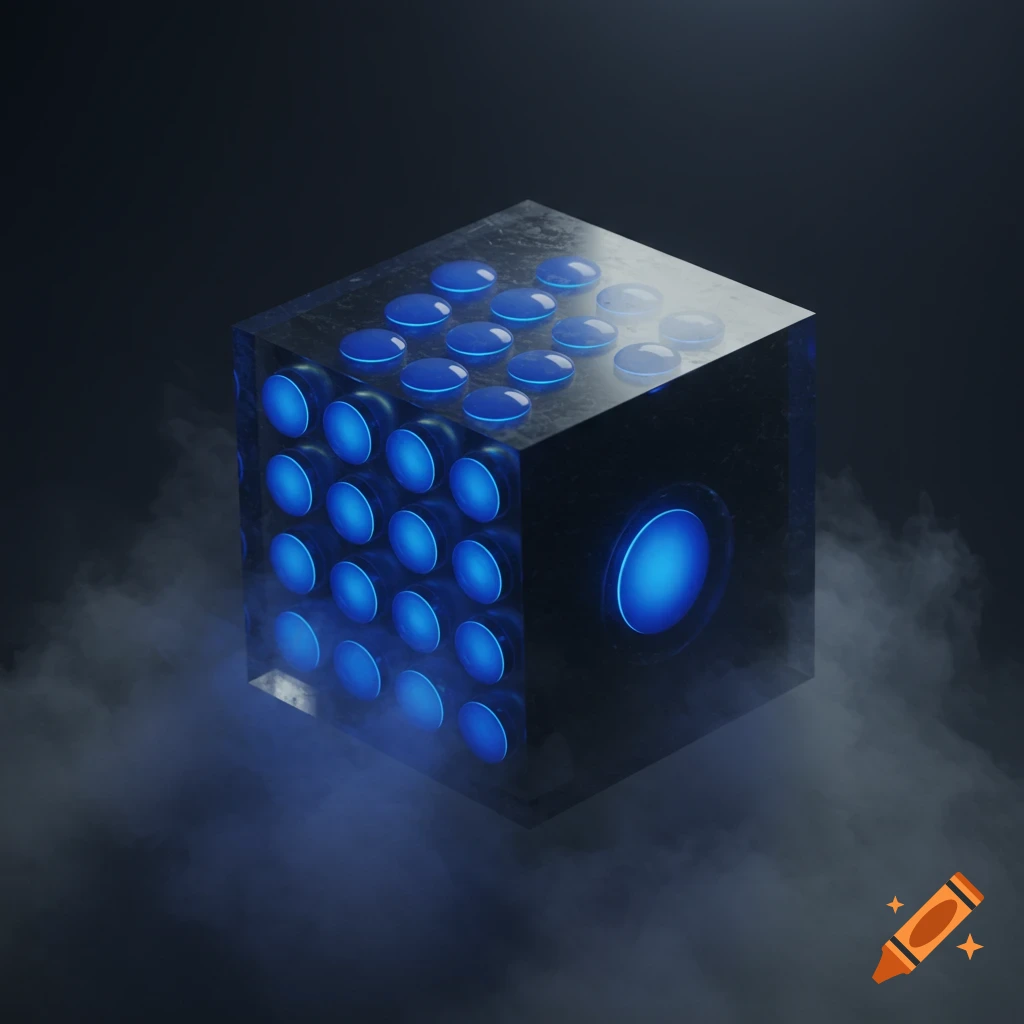 A translucent dark cube with multiple glowing blue circles embedded, surrounded by blue smoke on a dark background.
