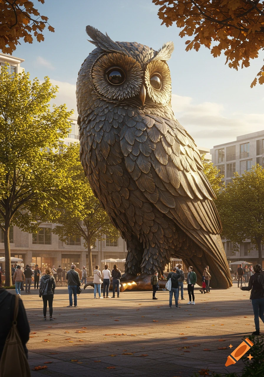 A giant bronze owl sculpture stands in a sunny, bustling city square with people and autumn trees.