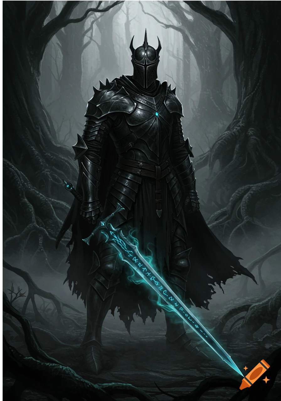 A dark fantasy knight in spiked black armor stands in a misty forest, holding a glowing blue runic sword.