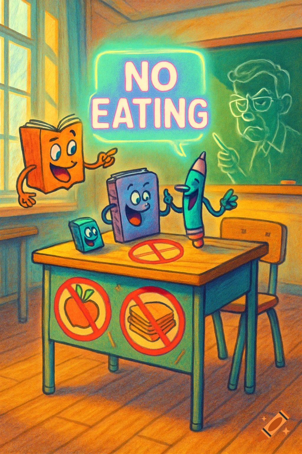 A colorful cartoon shows anthropomorphic school supplies in a classroom, with "NO EATING" in a speech bubble and prohibition signs for food.