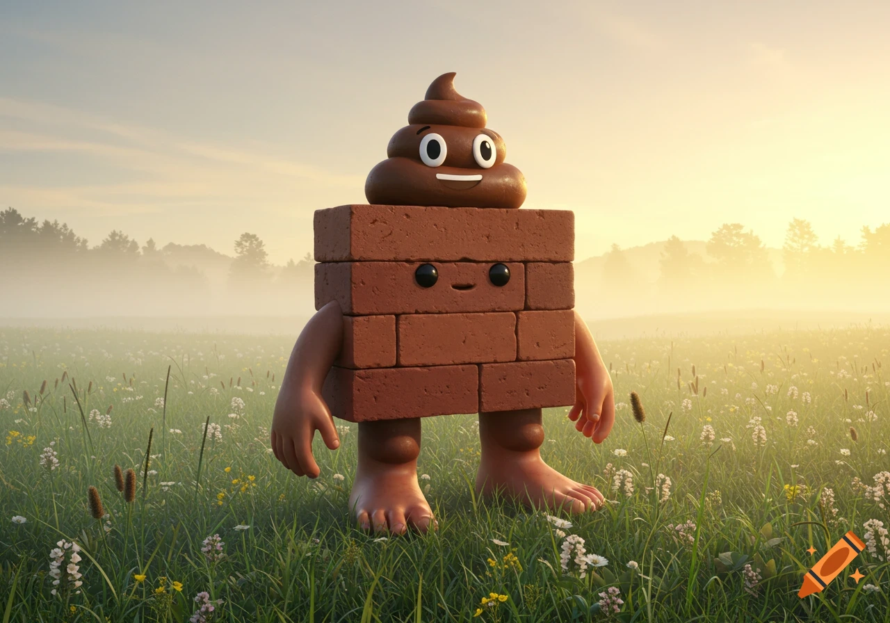 A whimsical brick creature with human limbs and a smiling poop emoji head stands in a misty, sunlit meadow.