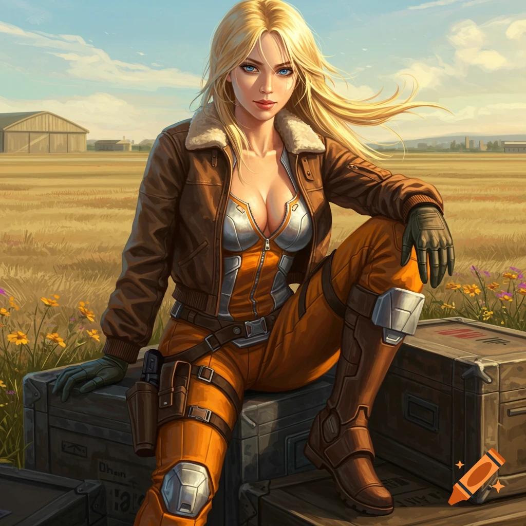 A blond woman in an orange flight suit and brown bomber jacket sits on crates at an airfield.