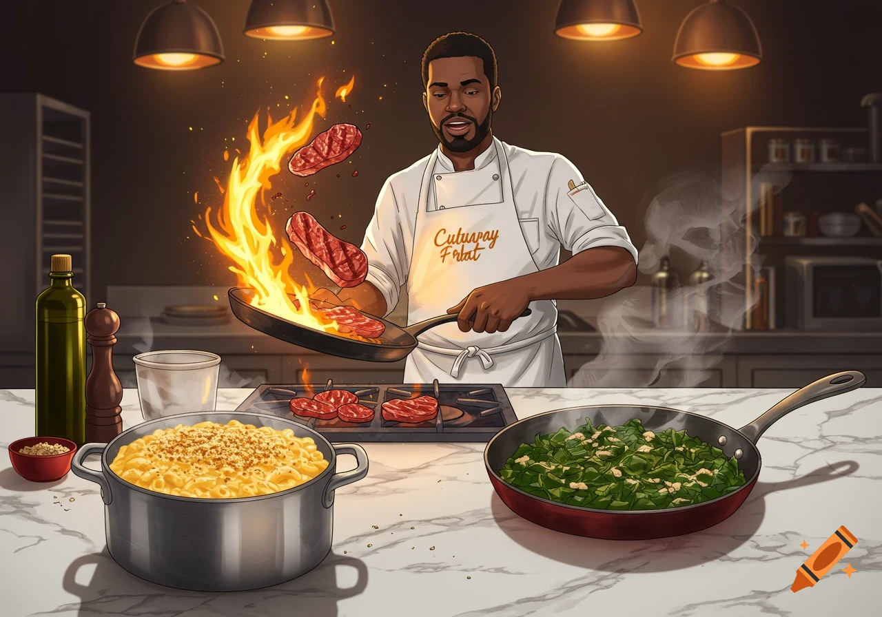 An illustrated Black chef cooking in a kitchen, flipping steaks in a fiery pan, with mac and cheese and collard greens on a marble counter.