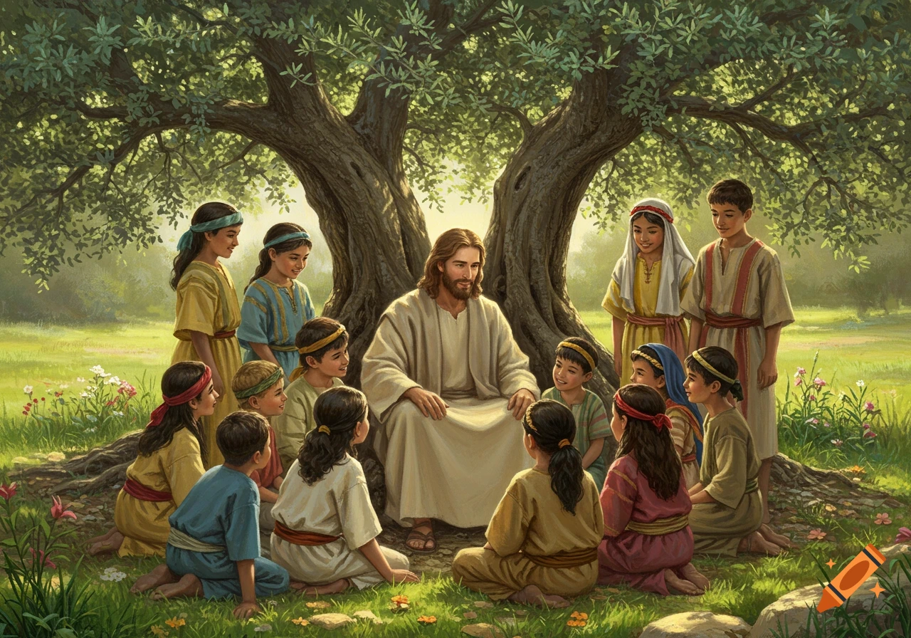 Jesus sits under a large tree, surrounded by a group of smiling children listening intently in a realistic style.
