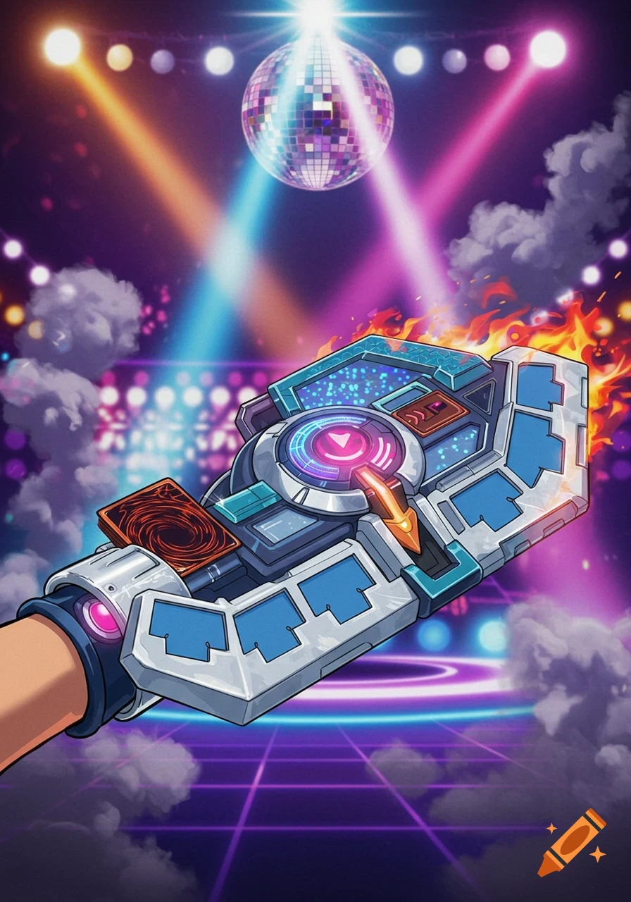 An arm wearing a Yu-Gi-Oh! duel disk with a card inserted, set against a vibrant disco background with a glitter ball and colorful spotlights.