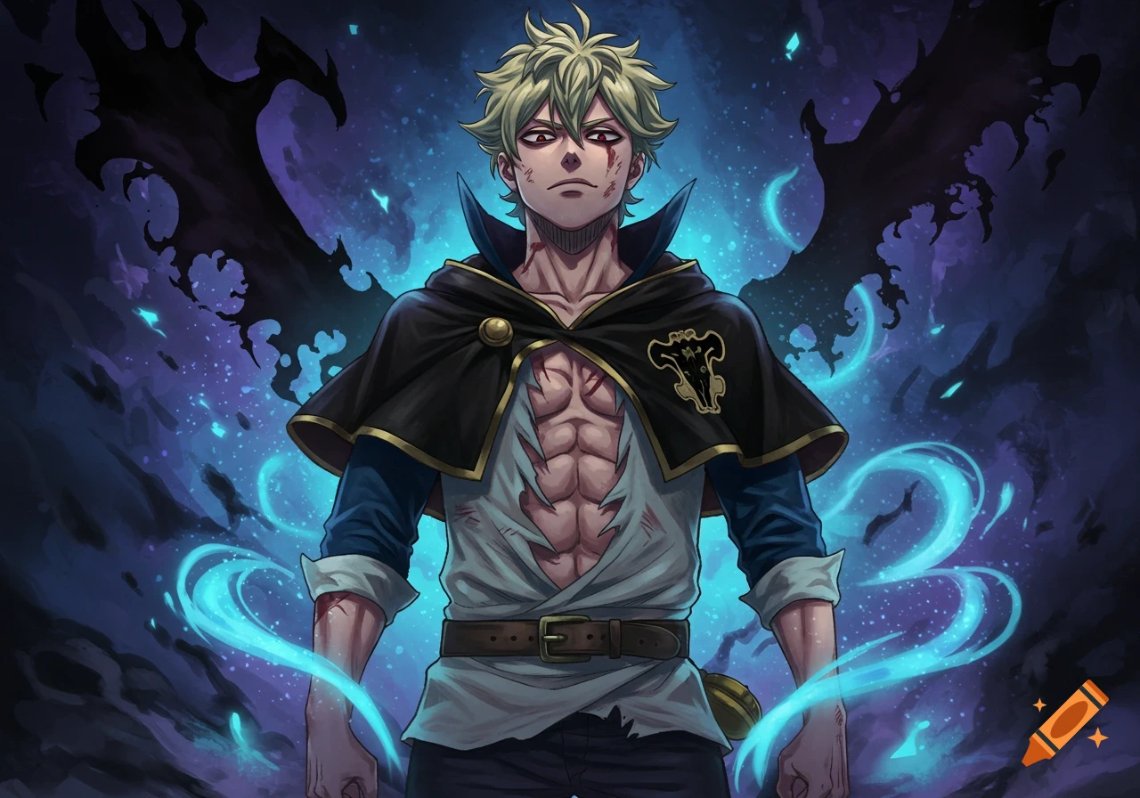 Anime character with blonde spiky hair, red eyes, and scars, wearing a black cloak and ripped shirt, standing against a dark background with blue energy.
