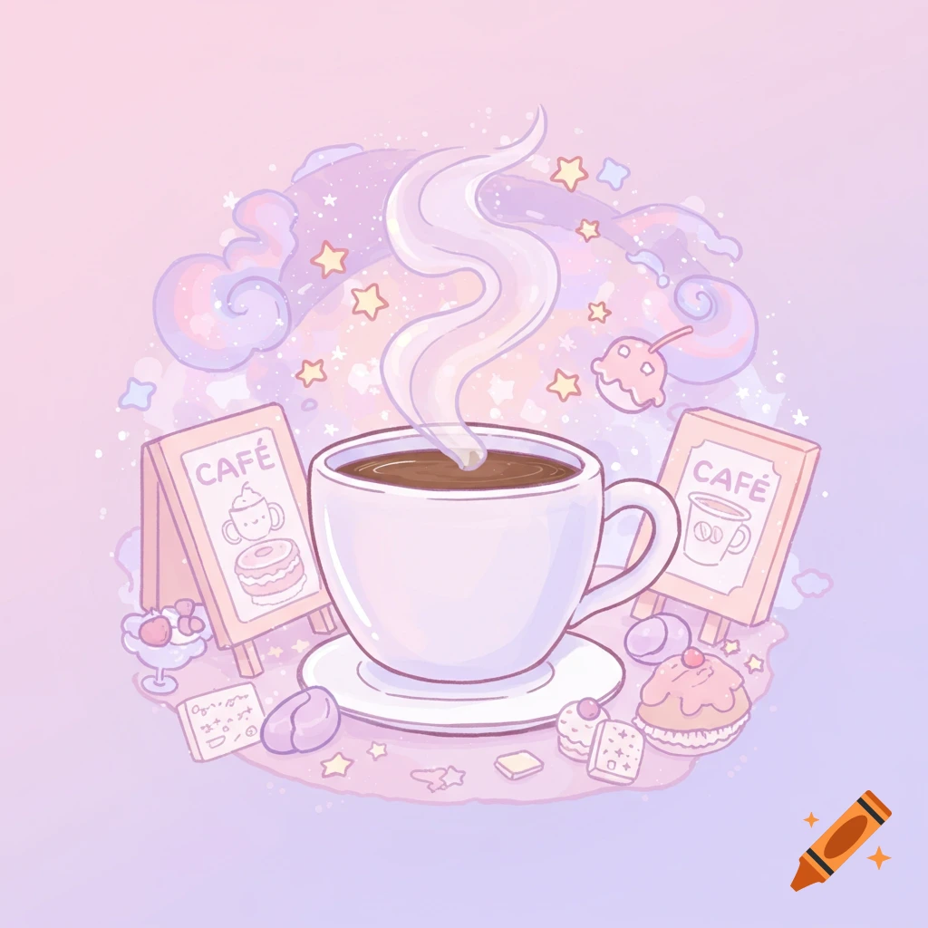 A whimsical pastel illustration of a steaming coffee cup surrounded by cafe items, stars, and clouds.