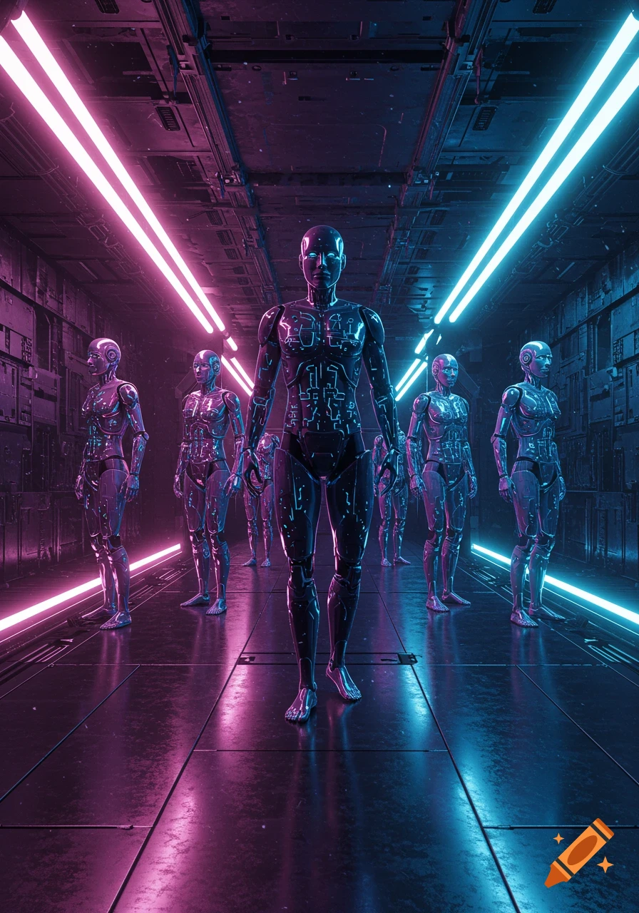 Several metallic humanoid robots with glowing circuit patterns stand in a dark, neon-lit futuristic corridor with pink and blue lights.