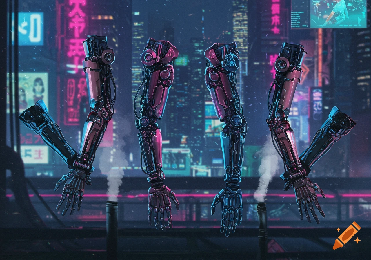 Four futuristic cybernetic arms float against a neon-lit cyberpunk city background with light snow falling.