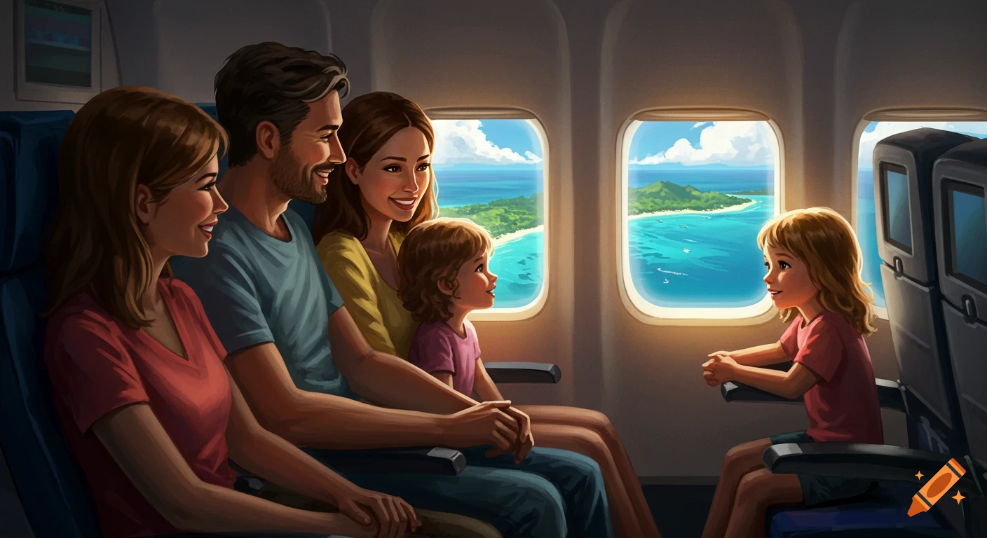 Illustrated family on an airplane looking out at a tropical island from the windows.