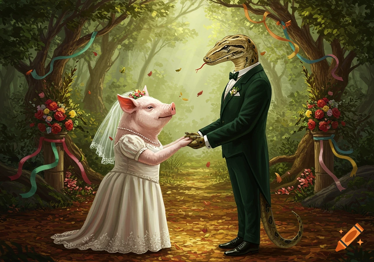 A pig in a white wedding dress and a snake in a dark green tuxedo hold hands, standing in a whimsical forest wedding scene.