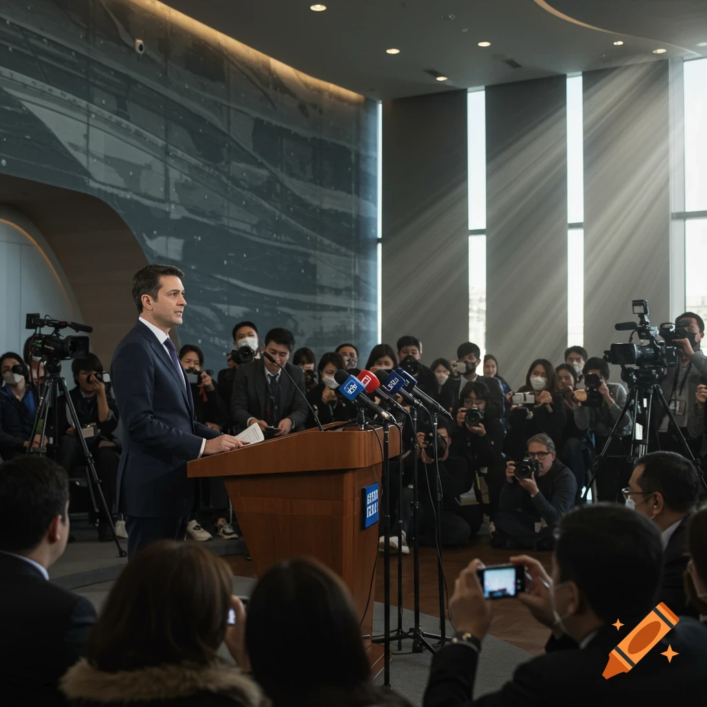 A man in a suit speaks at a wooden podium during a crowded press conference, surrounded by reporters and cameras in a modern room with large windows.