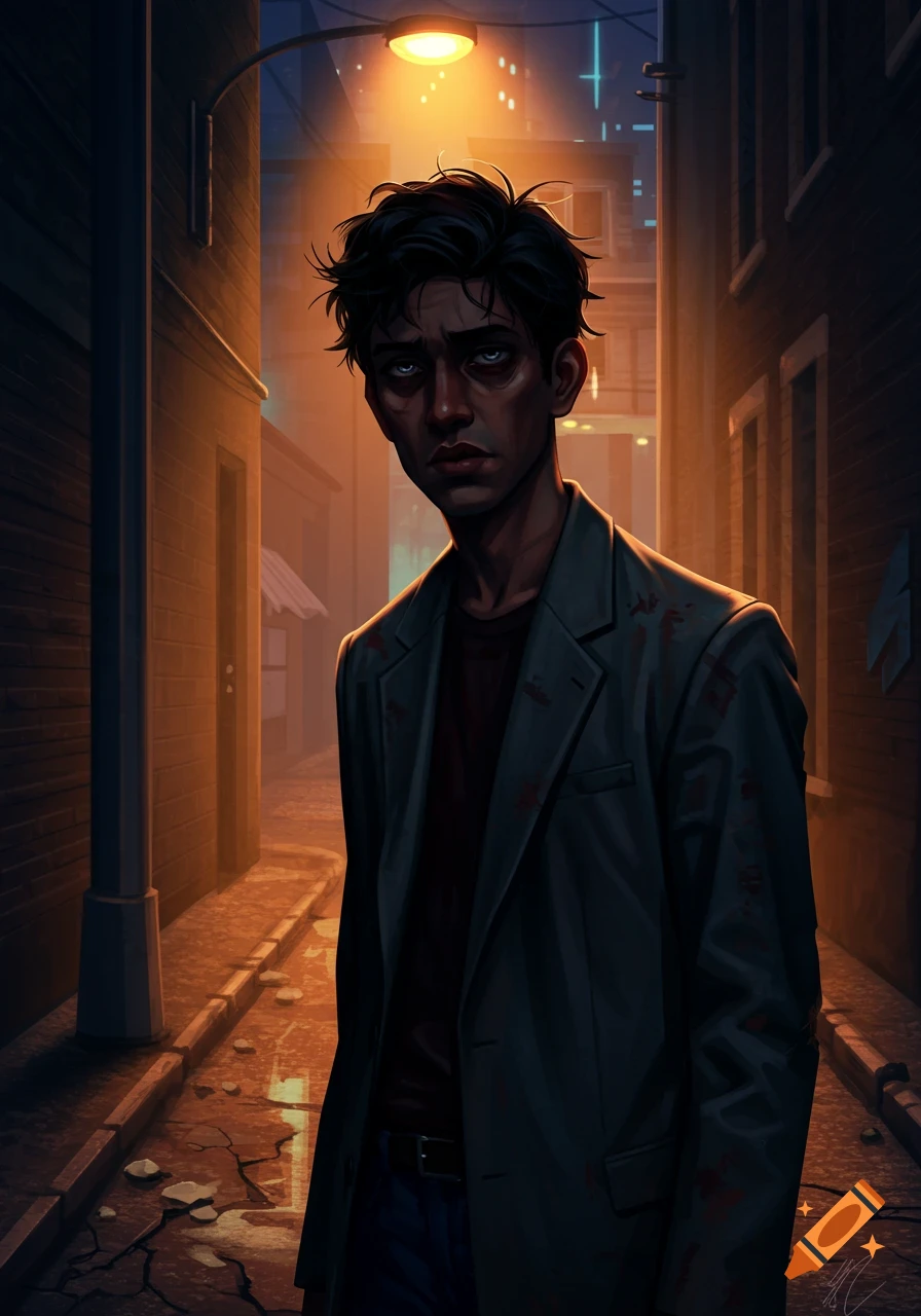 Illustration of a tired young man with messy hair and a jacket, standing under a street light in a dark city alley.