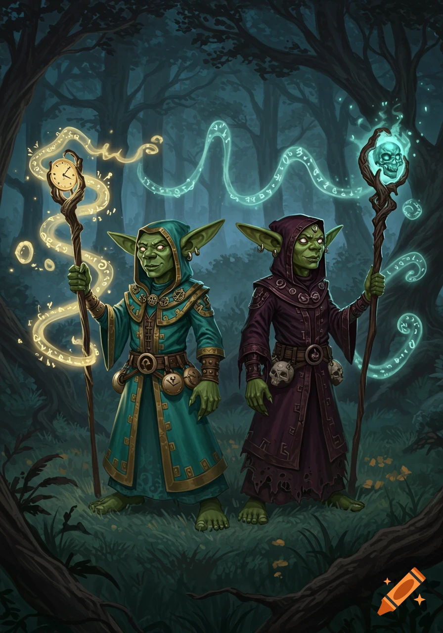 Two green-skinned goblin mages, one with a clock staff and golden magic, the other with a skull staff and cyan magic, stand in a dark forest. Digital art.