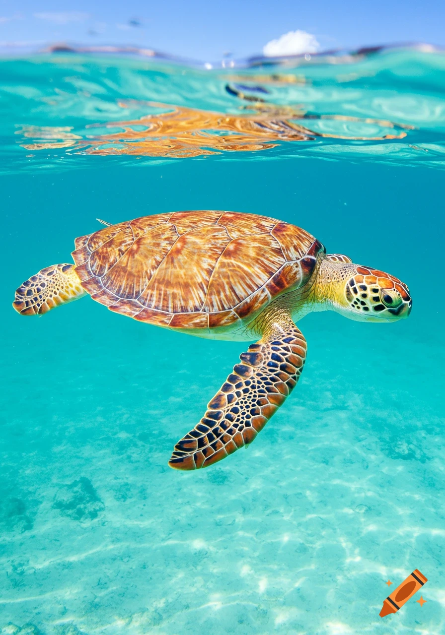 A sea turtle swims gracefully through clear turquoise water, with sunlight reflecting on the surface above.