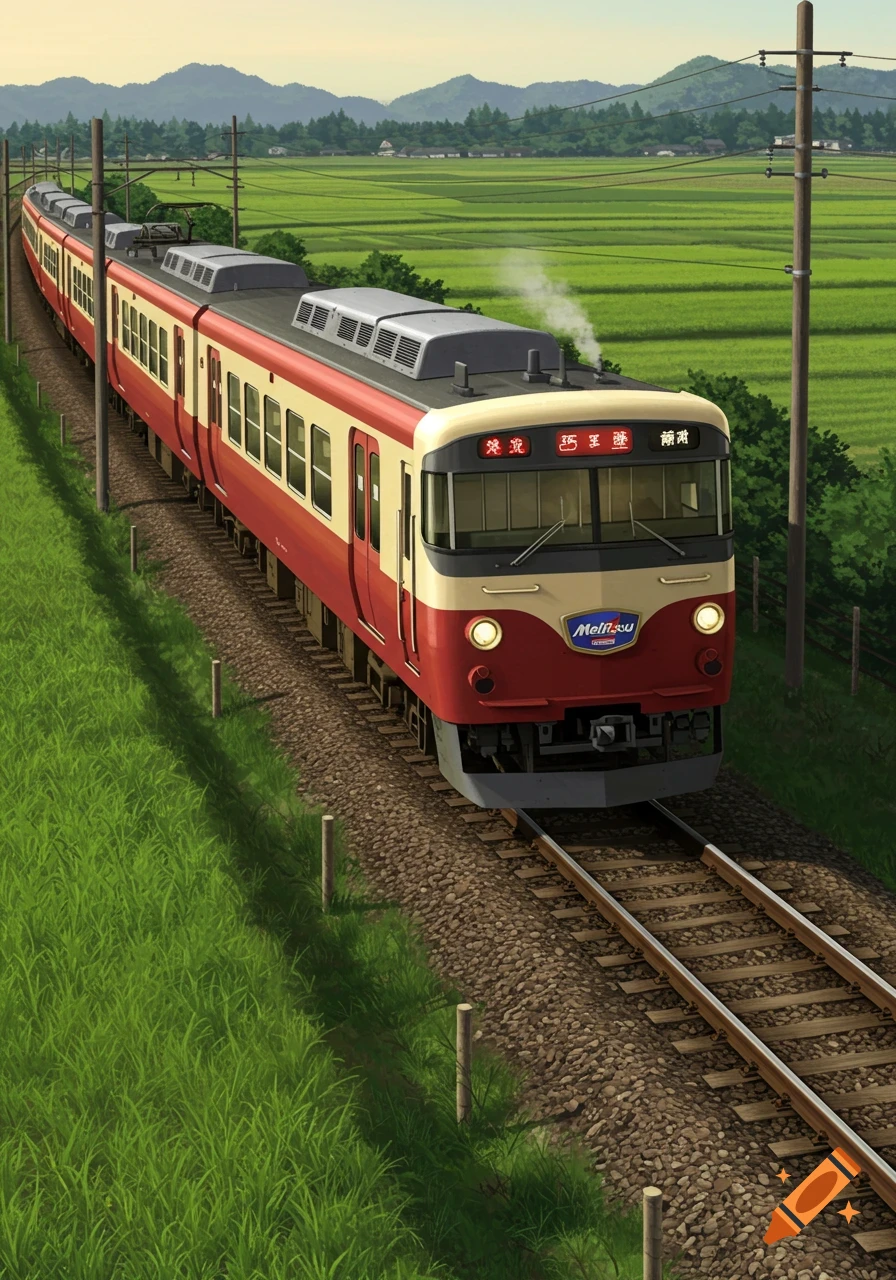 Anime style illustration of a red and cream train traveling through lush green rice paddies and past distant mountains.
