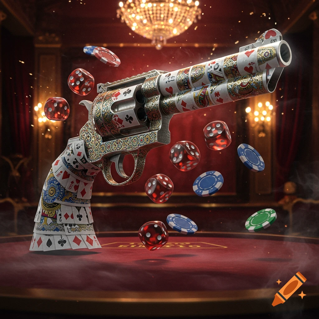 A stylized revolver made of playing cards, surrounded by floating dice and poker chips, set on a red casino table with a chandelier above.