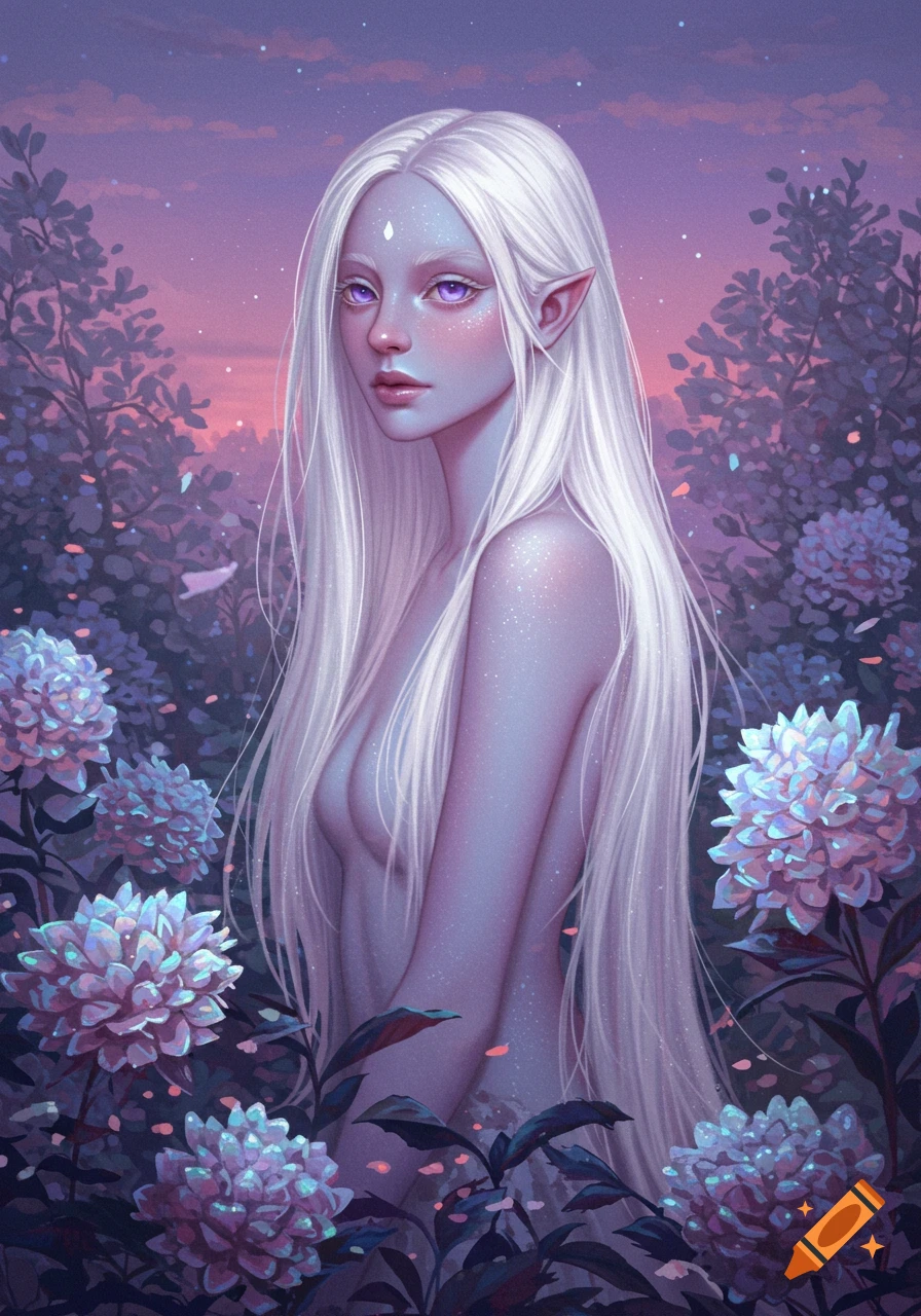 An ethereal white-haired elf woman with lavender eyes stands among glowing purple flowers and lush foliage under a twilight sky.
