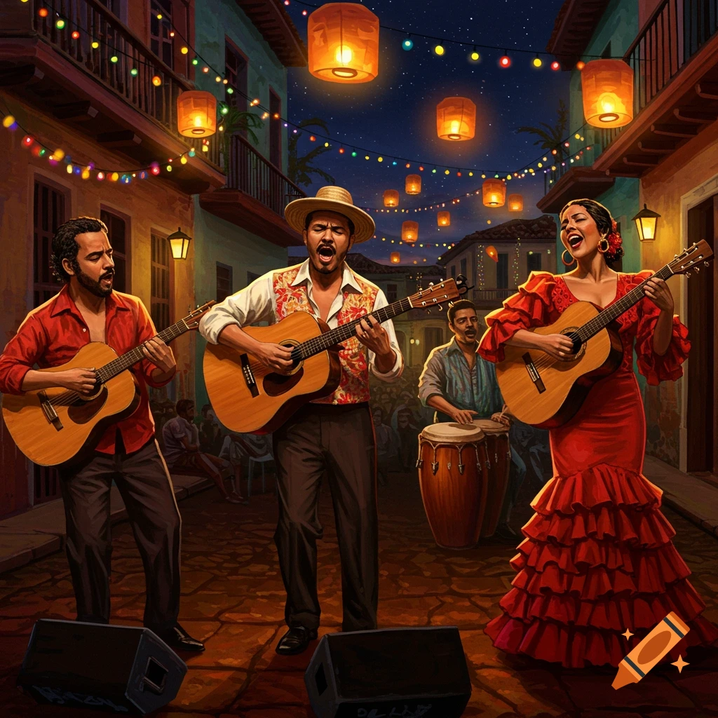 Vibrant illustration of a musical trio performing on a festively lit street at night. Two guitarists and a singer in a red dress.