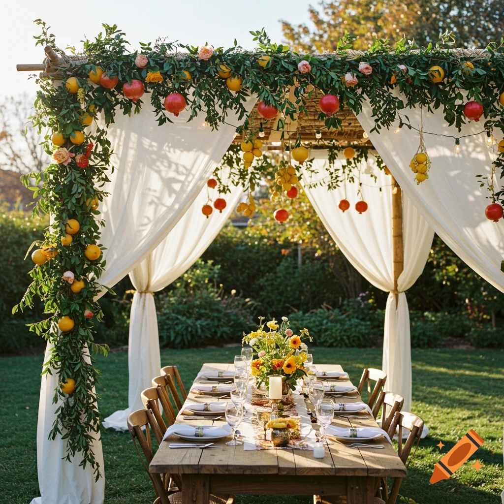A rustic wooden table set for outdoor dining under a beautifully decorated Sukkah canopy with pomegranates, citrus, and leafy vines.