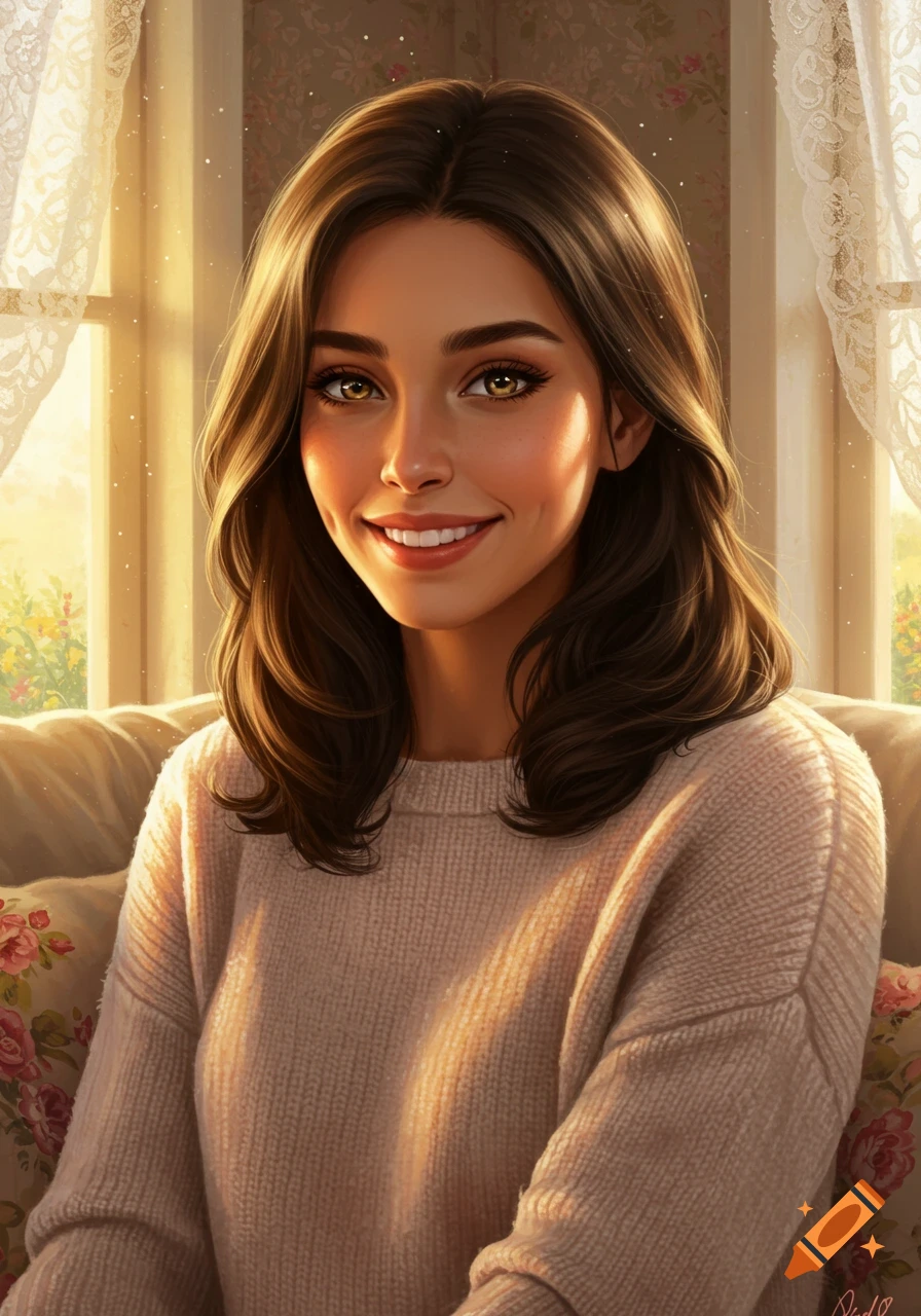 Realistic digital portrait of a smiling young woman with dark brown hair and glowing hazel eyes, bathed in warm sunlight.