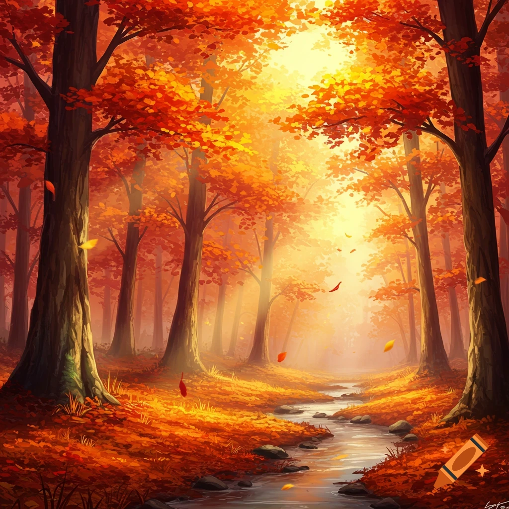Vibrant digital art of an autumn forest with orange and red trees, golden sunlight filtering through leaves, and a winding stream.
