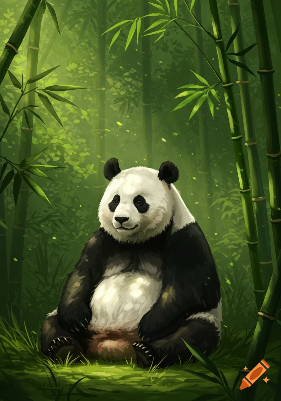 A charming illustration of a giant panda sitting peacefully in a lush green bamboo forest.