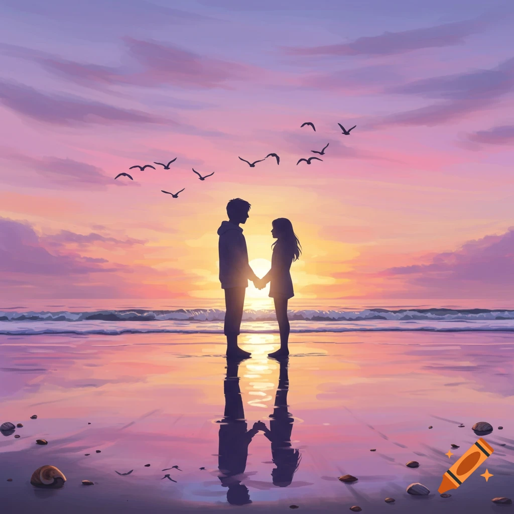Silhouette of a couple holding hands on a beach at sunset with birds flying in the sky, in an illustrative style.