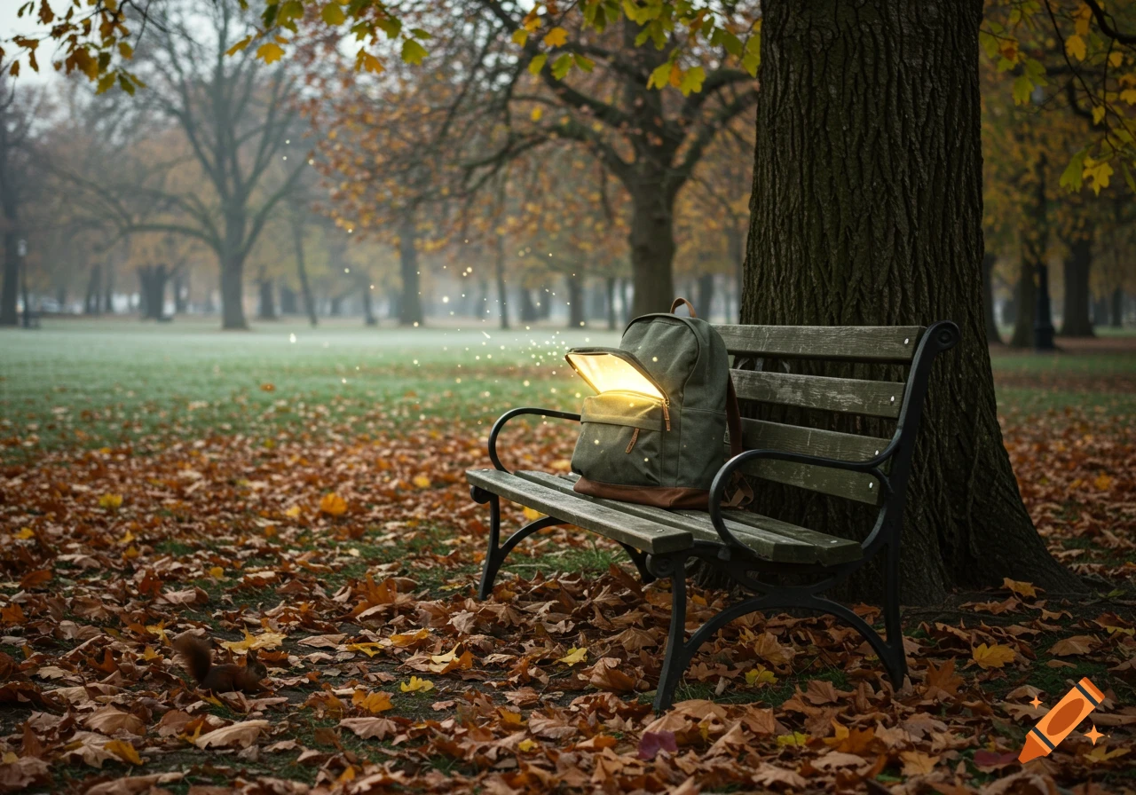 A green backpack with a bright yellow glow from inside sits on a wooden park bench, surrounded by autumn leaves in a misty park.