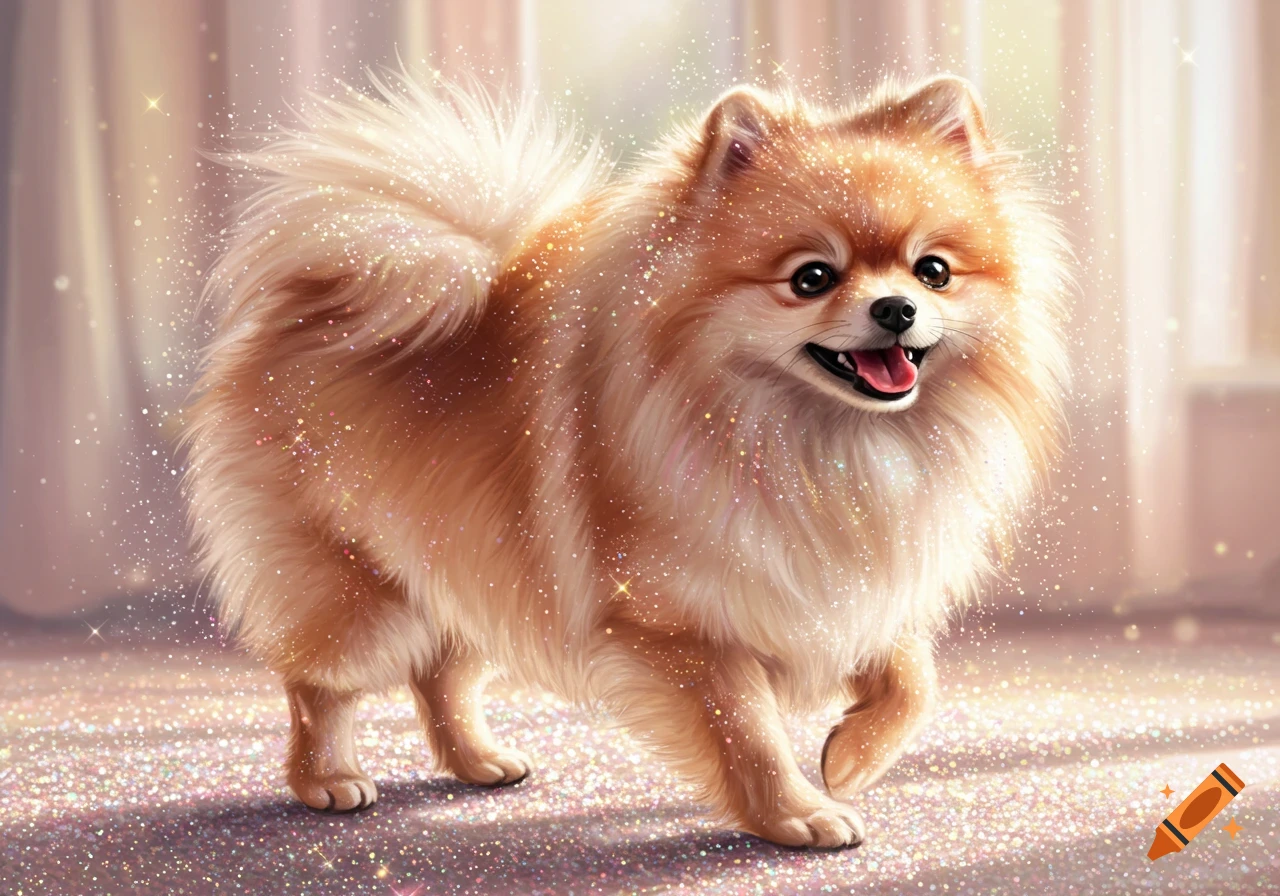 A fluffy, happy Pomeranian dog with orange-brown fur, covered in sparkling golden glitter, walking forward in a dreamy setting.