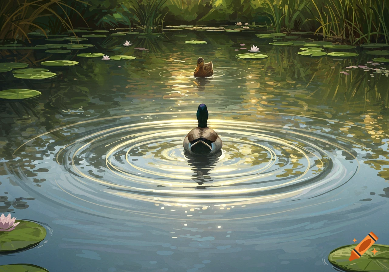 Illustrative scene of two ducks on a calm pond with lily pads and circular ripples, viewed from behind one duck.