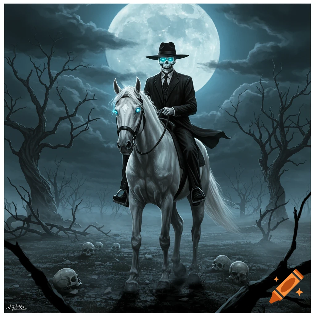 A skeletal figure in a suit and hat rides a white horse through a desolate landscape with dead trees and skulls under a full moon.