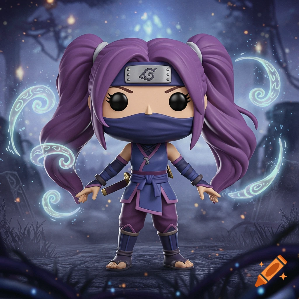 A Funko Pop-style figure of a female ninja with purple pigtails, a blue mask, and a blue and purple outfit, standing in a dark, stylized forest. Glowing magic swirls around her.