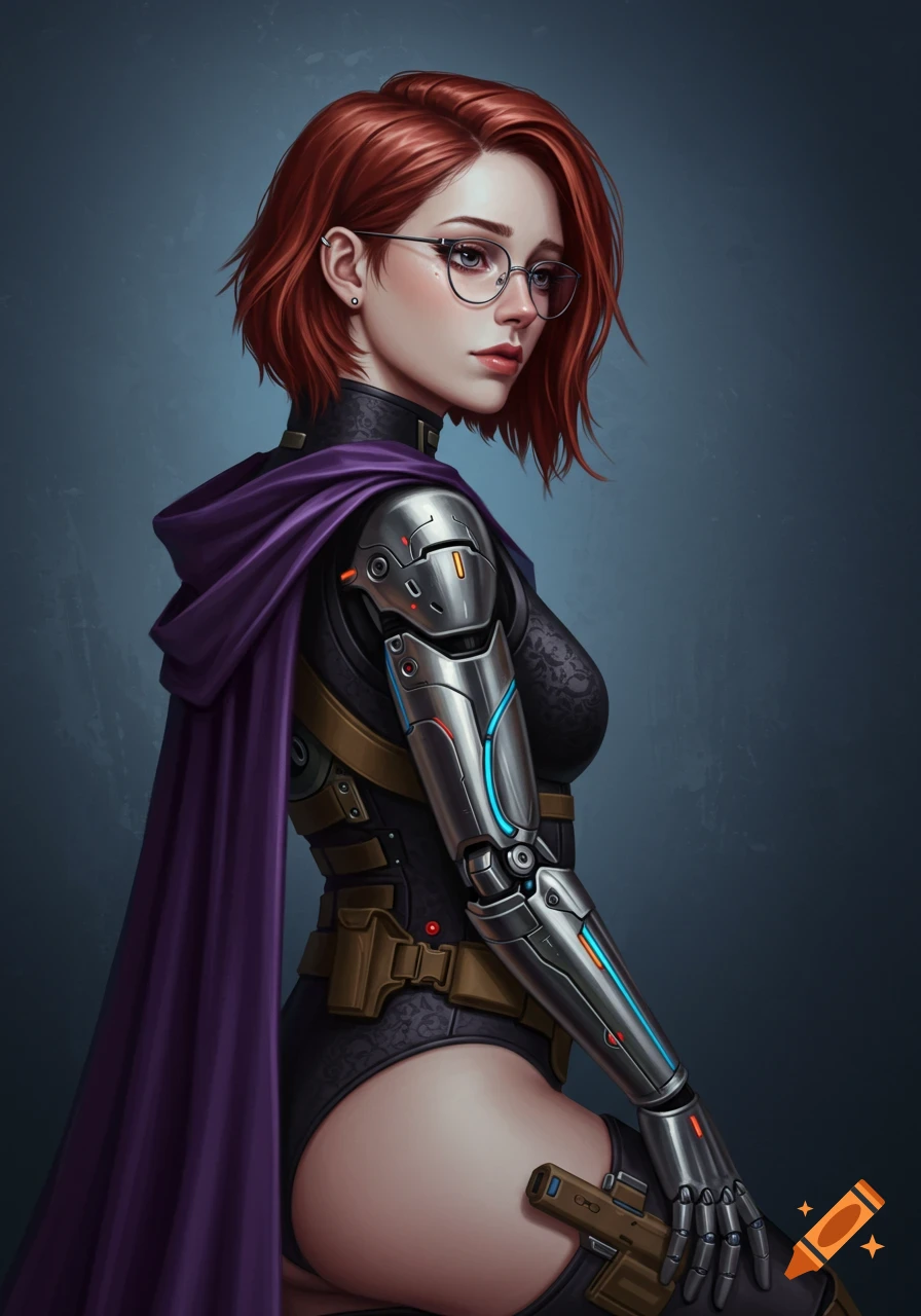 Digital art portrait of a red-haired woman with glasses, a bionic arm, and a purple cape, holding a gun.