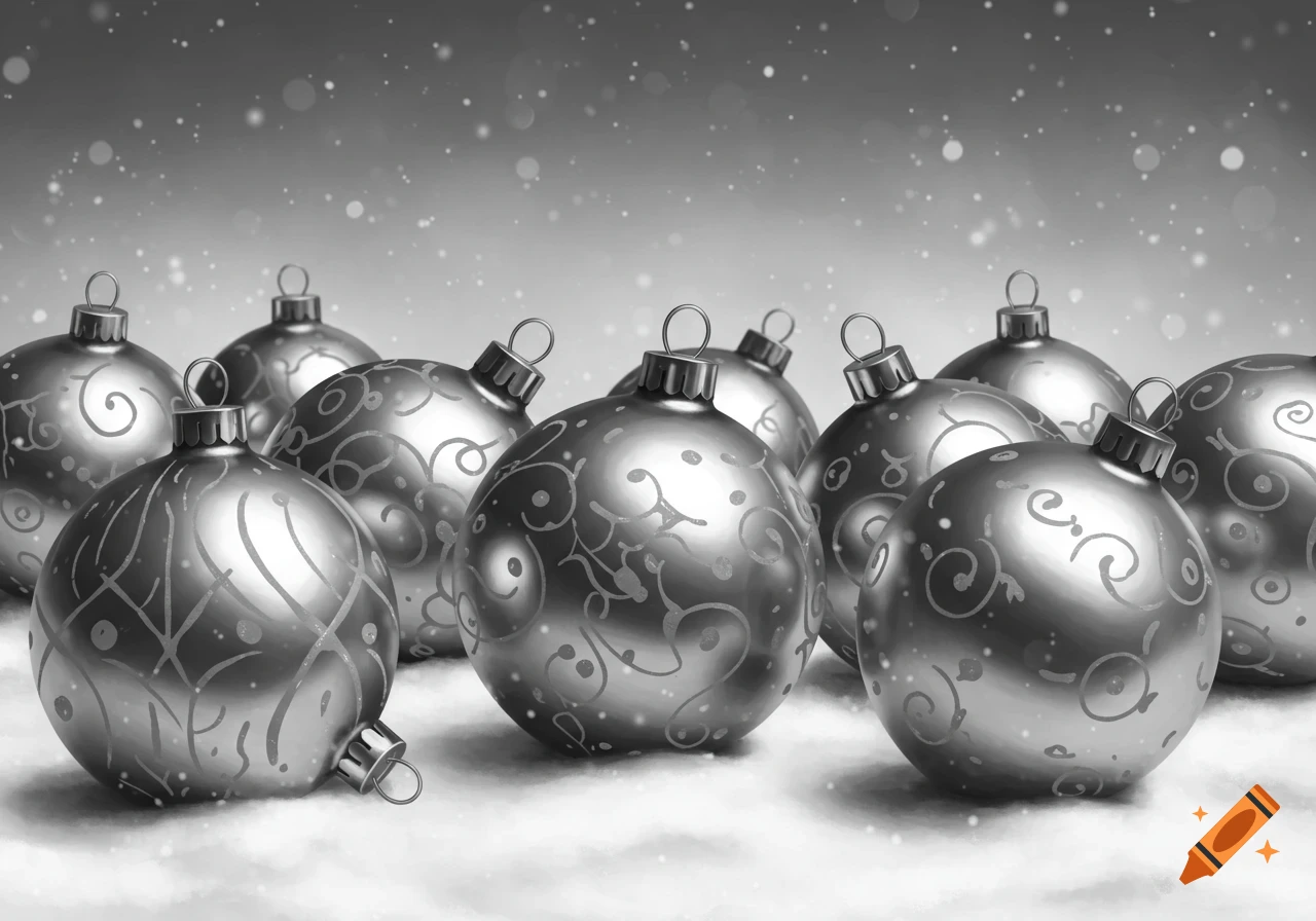 Grayscale illustration of numerous silver Christmas ornaments with swirl patterns on snow, with falling snowflakes.