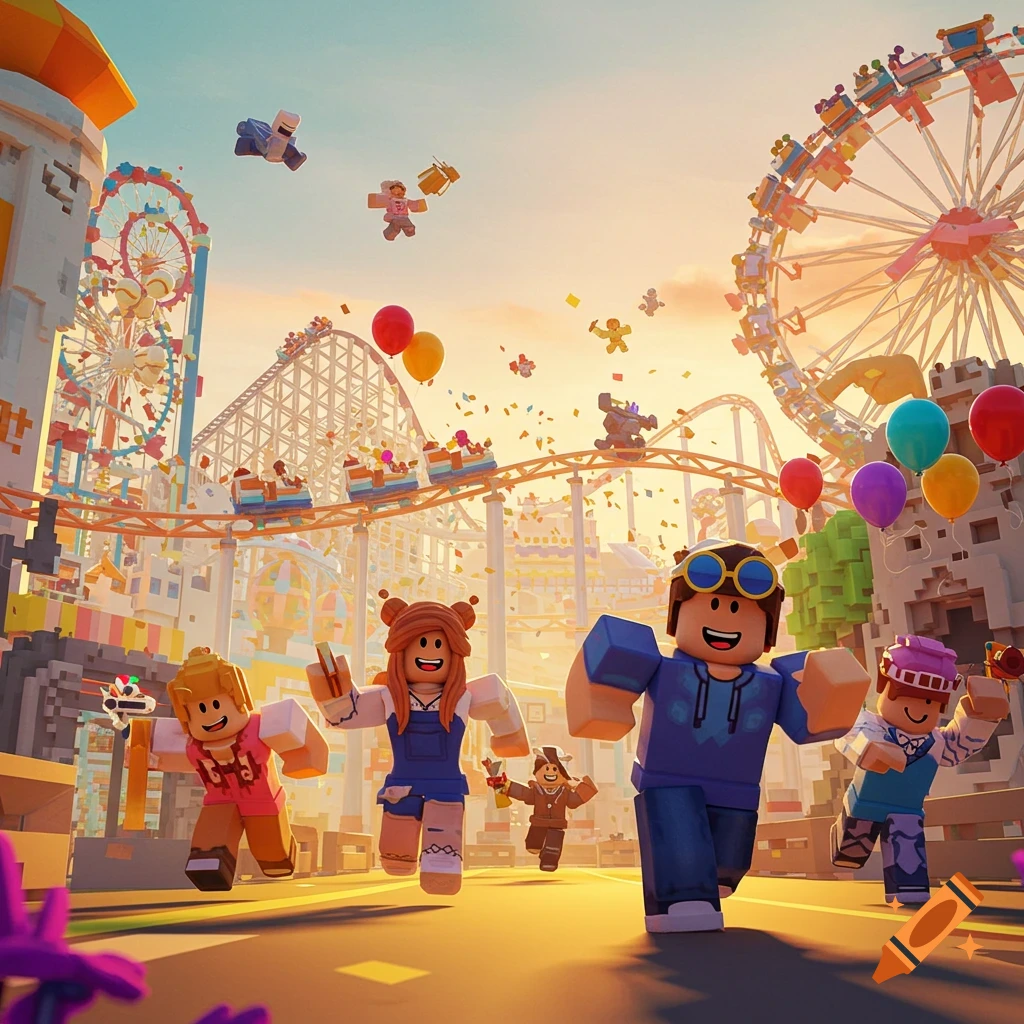 Colorful Roblox characters running in a vibrant amusement park with roller coasters and Ferris wheels.