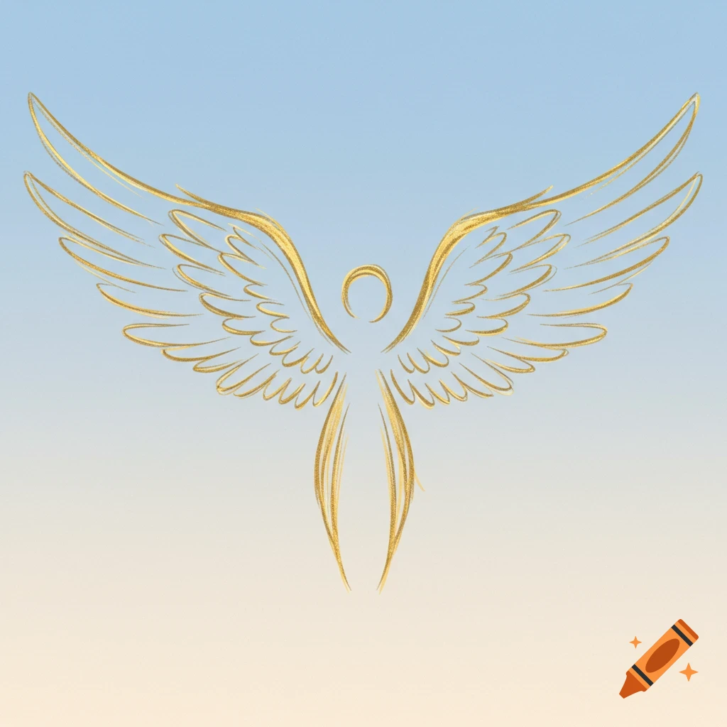 A golden outline drawing of an angel with outstretched wings against a blue and yellow gradient background.