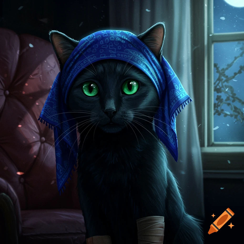 A black cat with luminous green eyes wears a blue patterned head wrap and has bandaged front paws, sitting by a window at night.