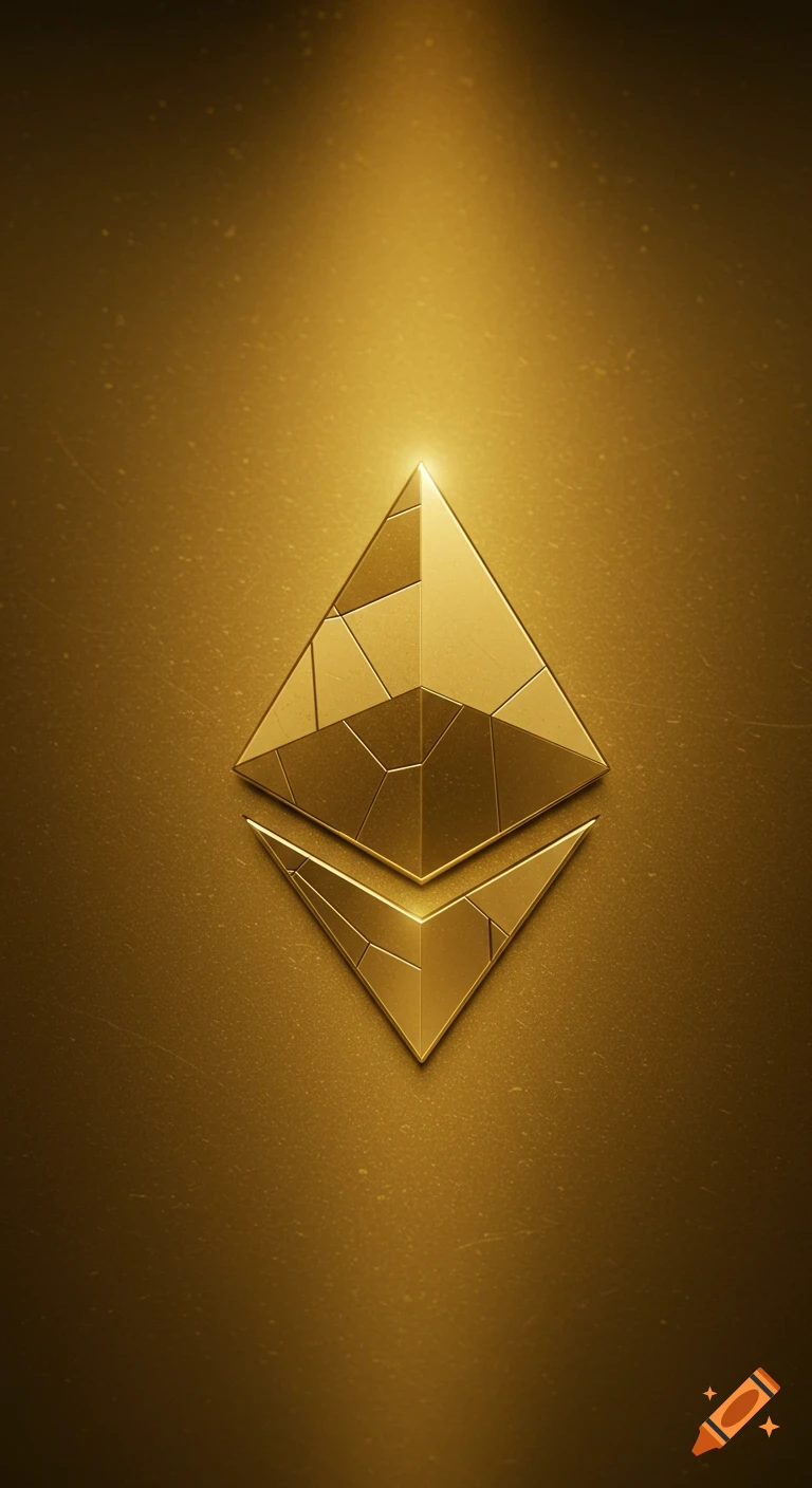 A shimmering golden, faceted Ethereum logo against a textured golden background with a spotlight from above.