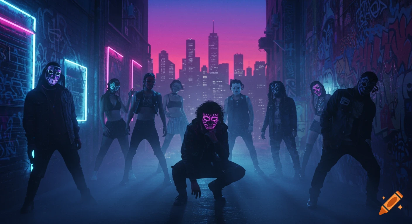 A group of people wearing glowing cyberpunk masks in a neon-lit urban alleyway, with a city skyline in the background.