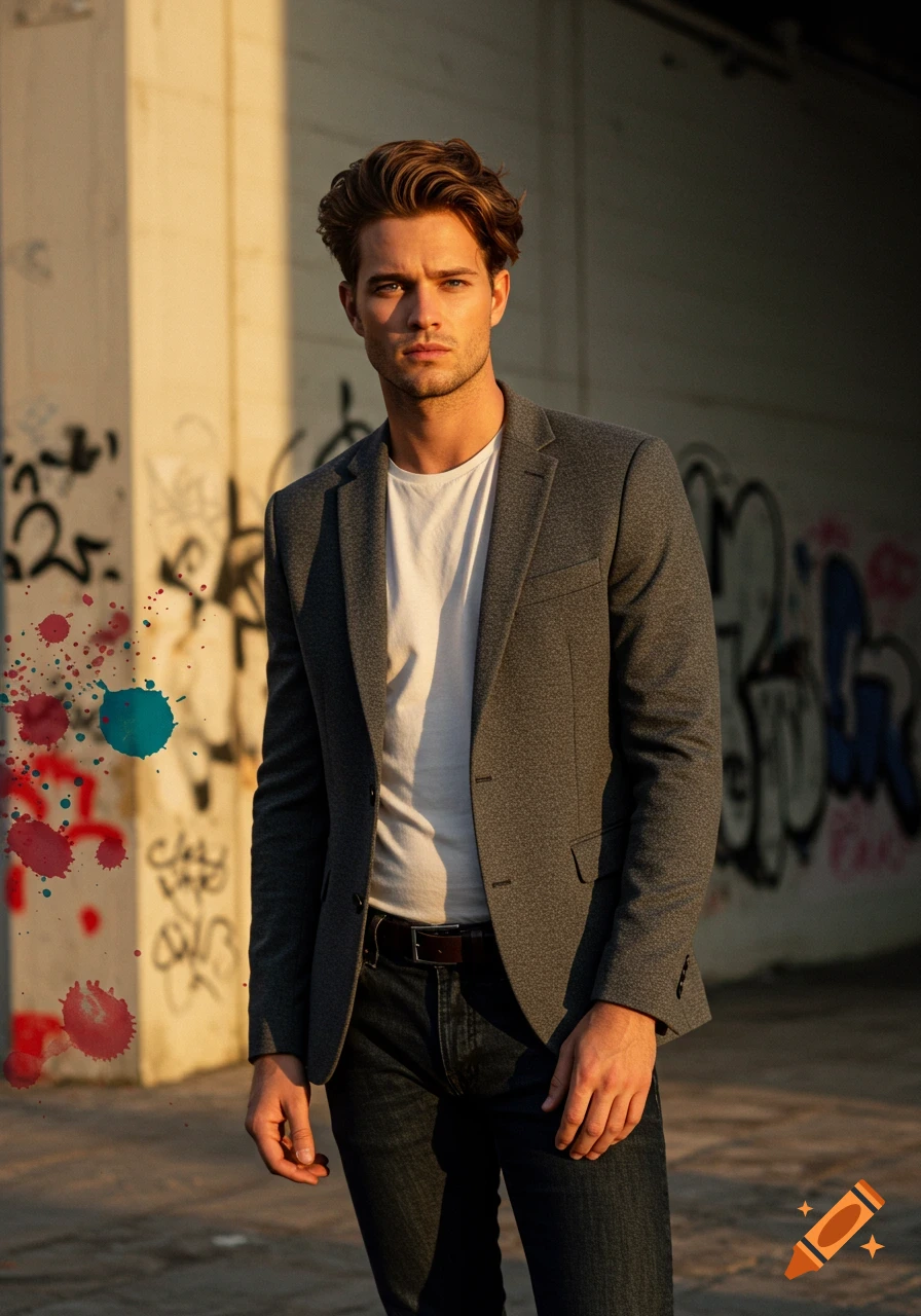 A handsome man in a grey blazer and white t-shirt stands in front of a graffiti-covered wall, bathed in warm sunlight.
