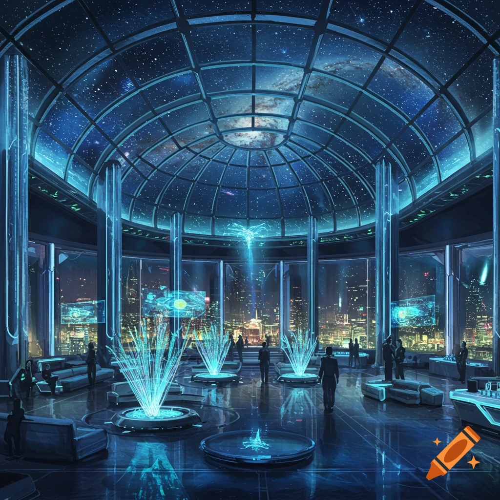 Futuristic grand hall with a domed starry ceiling, cityscape view, and glowing holographic displays, with people observing.