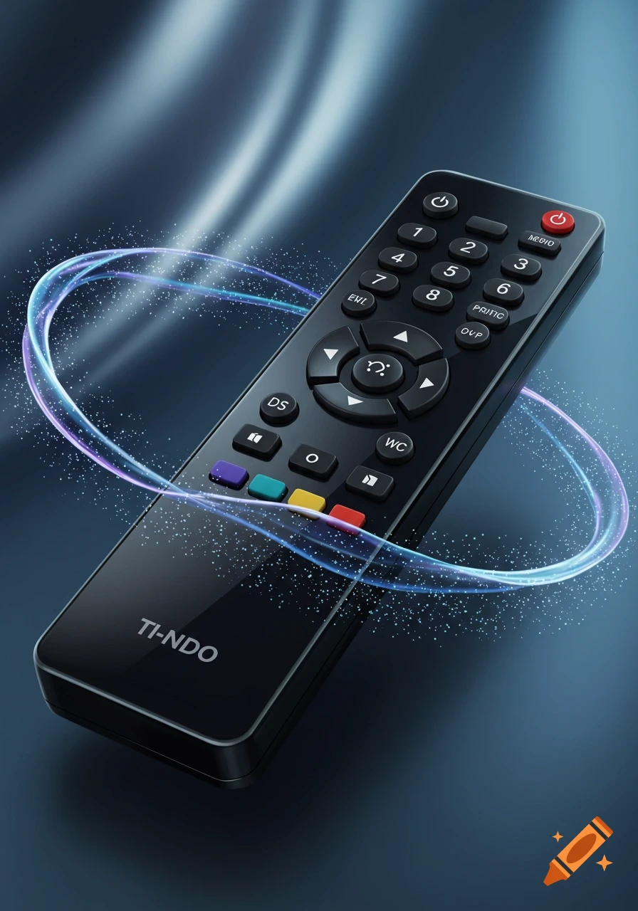 A black remote control with buttons and colorful accents, featuring glowing blue and purple light trails on a dark background.